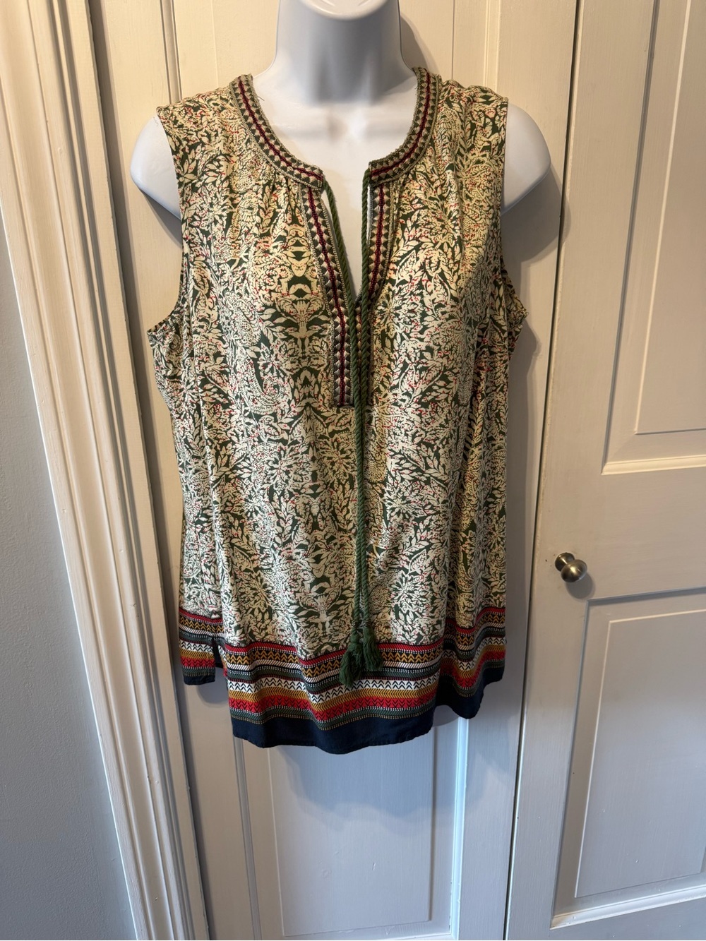 Daniel Rainn Green and Cream Floral Tassel Tank with Embroidered Hem
